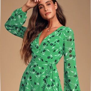 Lulu's Vibrant Green Floral Long Sleeve Dress
